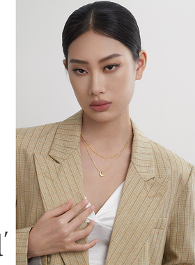 欧美轻奢金色双层叠戴项链女小众高级感月牙吊坠颈链秋冬毛衣链