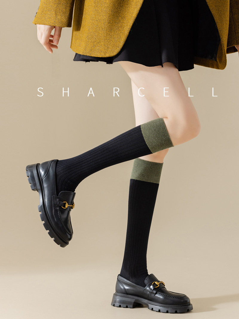 小腿袜女秋冬纯棉JK黑色长筒袜日系撞色显瘦半截中筒及膝高筒长袜,淘宝优惠券,粉丝福利购,淘宝优惠卷