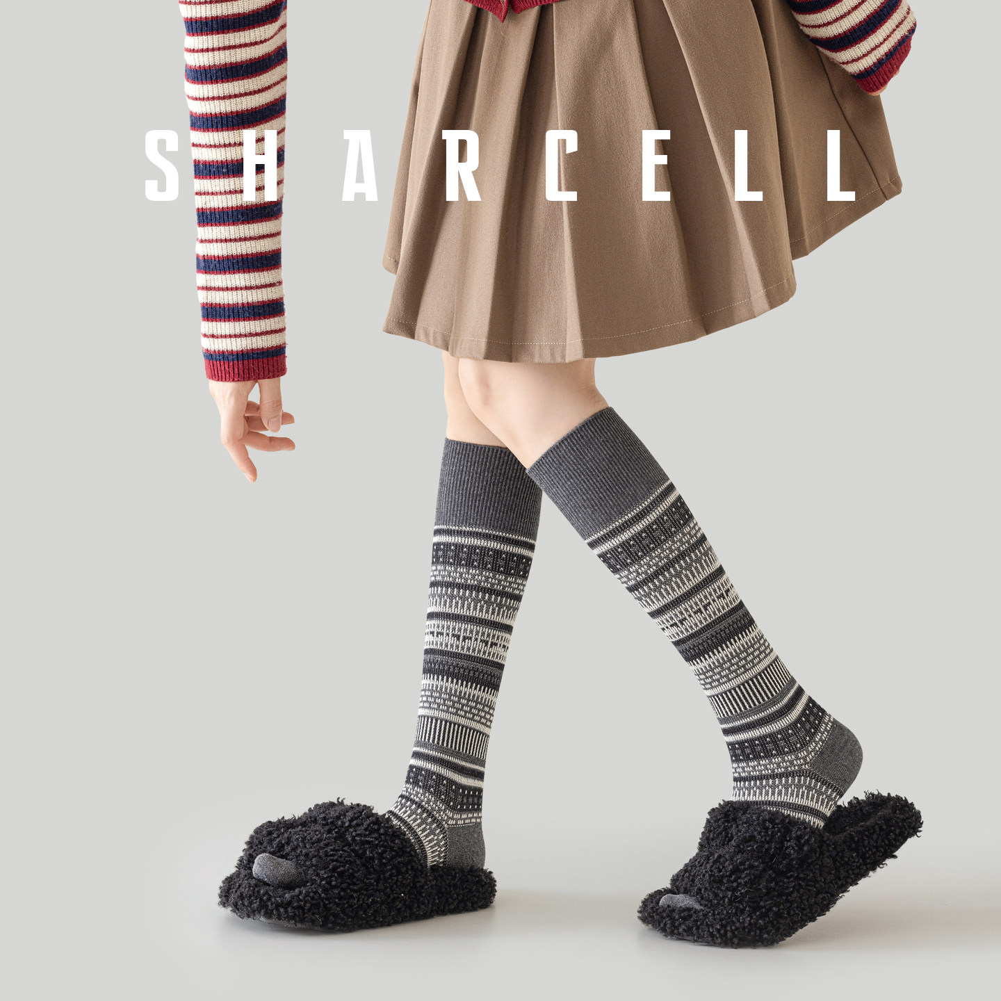 小腿袜女秋冬复古灰色长筒袜费尔岛民族风半截及膝长袜2025新款潮,淘宝优惠券,粉丝福利购,淘宝优惠卷