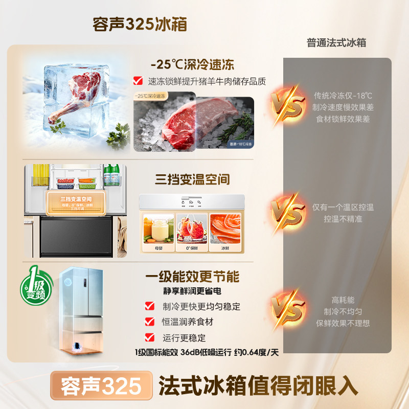 【新品】容声325L法式对开多门四门电冰箱小户型家用变频一级无霜