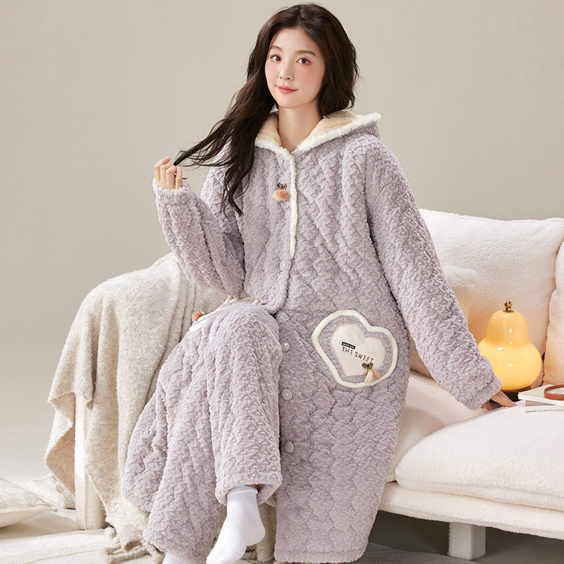 珊瑚绒三层夹棉睡衣女秋冬季加绒加厚保暖连帽睡袍可爱家居服冬天,淘宝优惠券,粉丝福利购,淘宝优惠卷