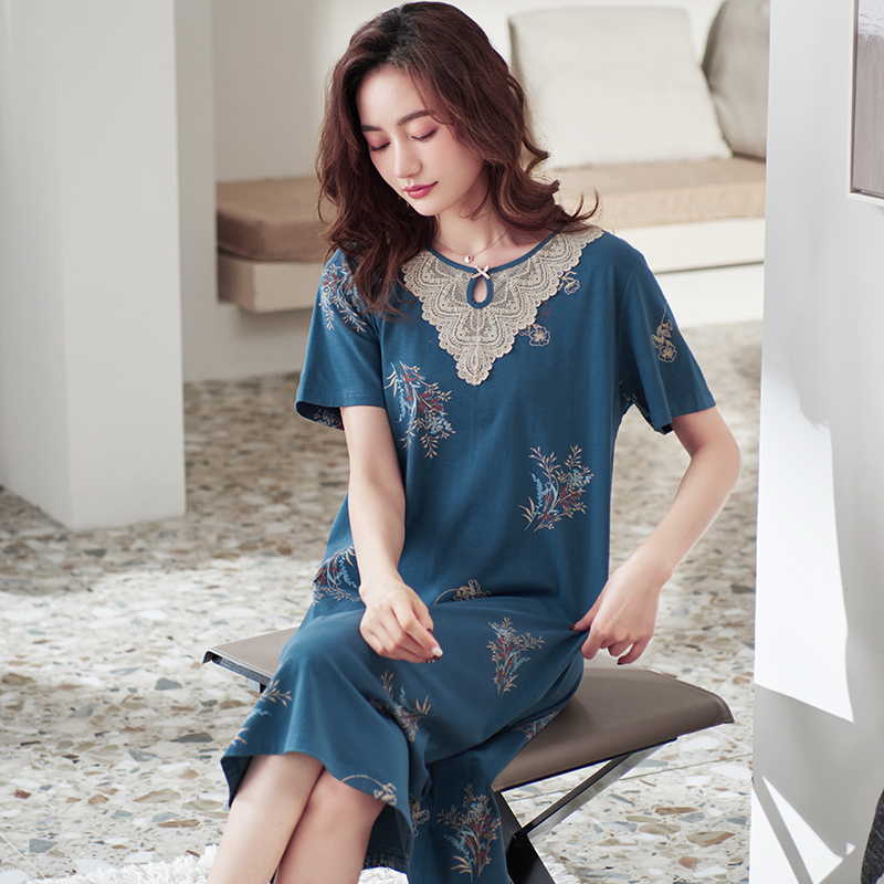 睡裙女士长裙妈妈款短袖居家裙子 芬颜睡裙