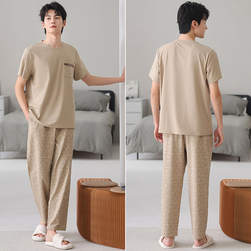 睡衣男夏季纯棉薄款短袖长裤2025新款休闲套头大码青年家居服套装,淘宝优惠券,粉丝福利购,淘宝优惠卷