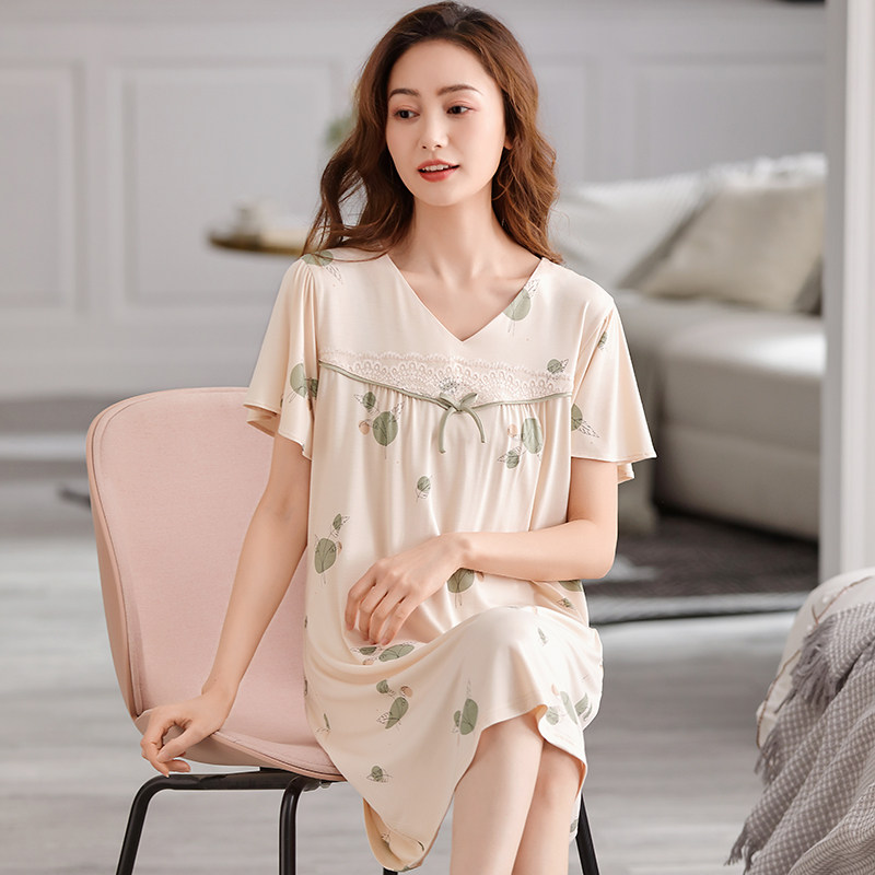 莫代尔睡裙夏季短袖中年居家裙子 芬颜睡裙