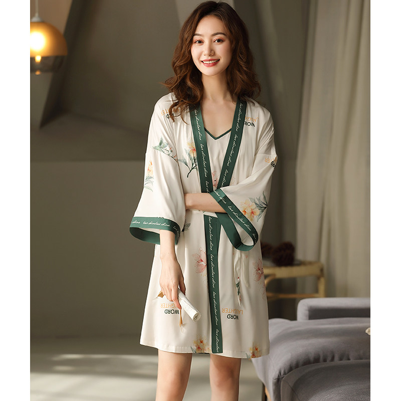 夏季冰丝三件套性感吊带短裤睡袍 芬颜睡衣/家居服套装