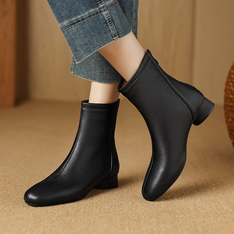 3CM-羊皮秋冬马丁靴粗跟圆头短靴女单靴百搭女靴时尚瘦瘦靴时装靴,淘宝优惠券,粉丝福利购,淘宝优惠卷