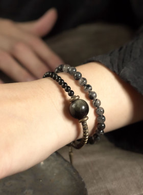 曲尾花黑曜石黑发晶原创设计手链