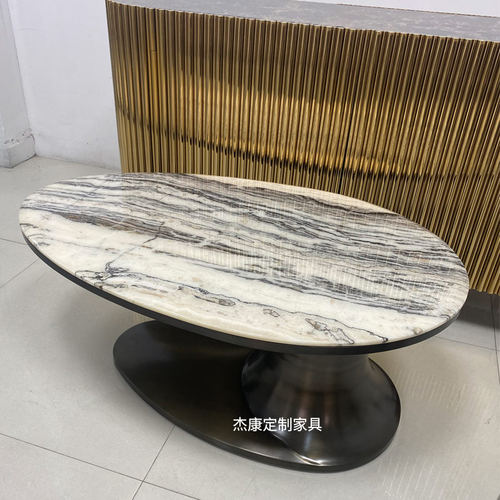 不锈钢异形茶几创意客厅大堂咖啡桌天然石茶桌镀金轻奢椭圆茶桌 - 图1