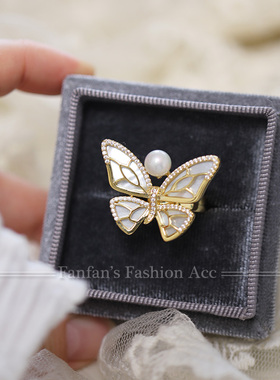 蝴蝶开口戒指小众高级感微镶镂空食指戒可调节指环配饰日韩金色女