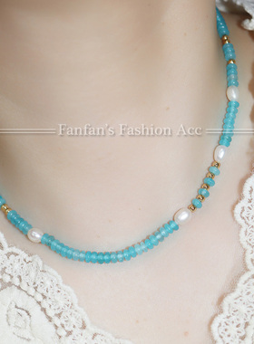 新中式湖蓝色天然石串珠项链珍珠点缀设计感锁骨链春夏度假手链女