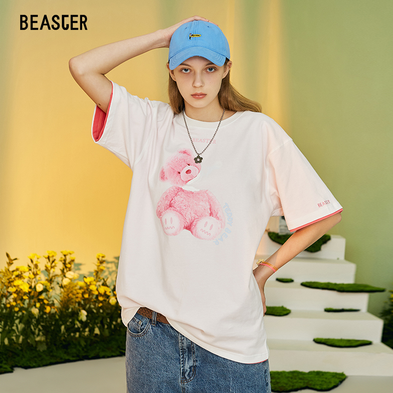 恤夏季新款 小恶魔鬼脸针织短袖男女同款小熊印花情侣潮流 Beaster T 恤夏季新款 小恶魔鬼脸针织短袖男女同款小熊印花情侣潮流 Beaster T