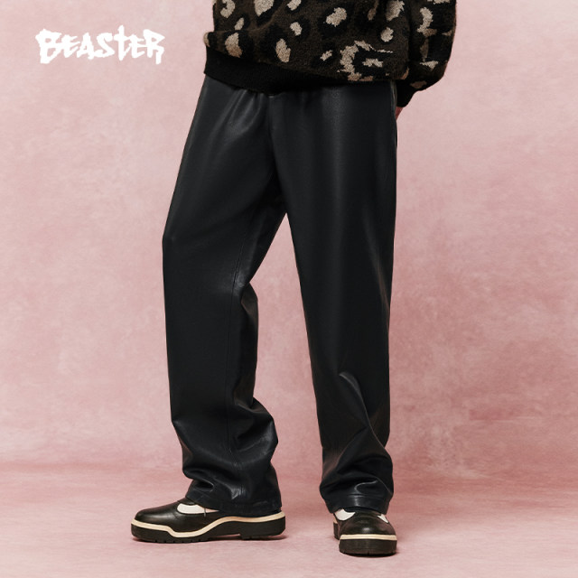 Beaster slogan print black leather pants men 23 autumn new American high street loose waterproof straight pants