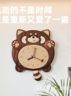 实木可爱小熊猫挂钟奶油风