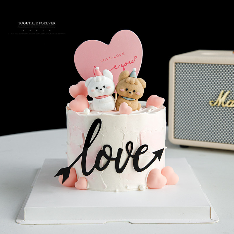 2025情人节蛋糕装饰可爱修狗摆件love亚克力爱心卡片烘焙装扮插件