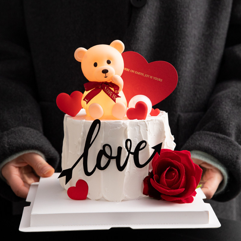 214情人节蛋糕装饰发光小熊摆件love亚克力情人节快乐爱心插件
