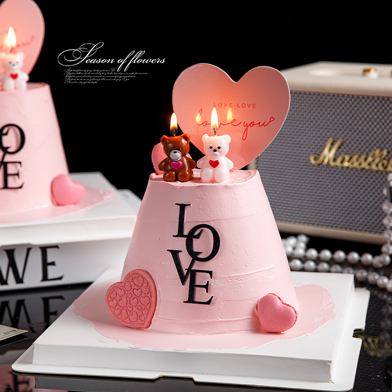 2.14情人节小熊蜡烛蛋糕装饰摆件情侣表白爱心love卡片插牌插件