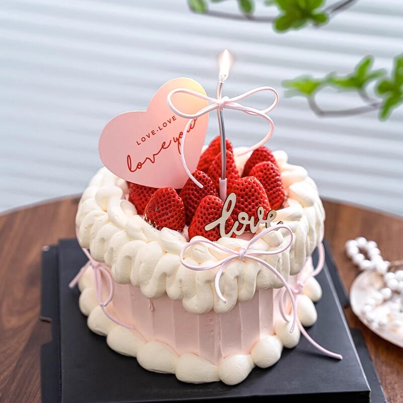 2.14情人节蛋糕装饰爱心卡片鹿皮绳丝带木质love爱心卡片插牌插件