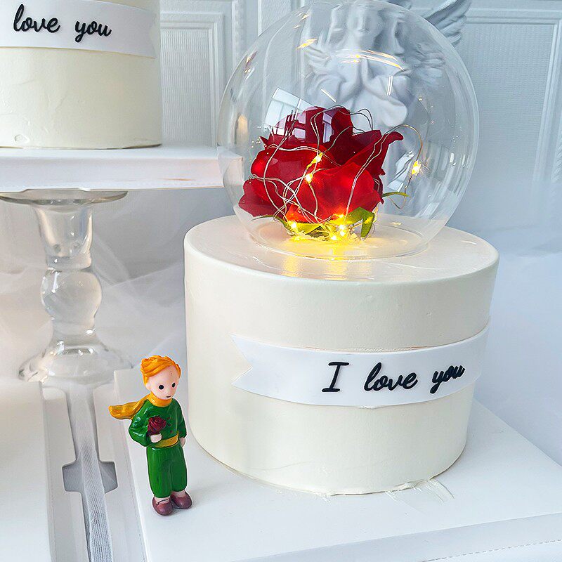 214情人节蛋糕装饰摆件拿花小王子玫瑰花插件发光灯串玻璃水晶球