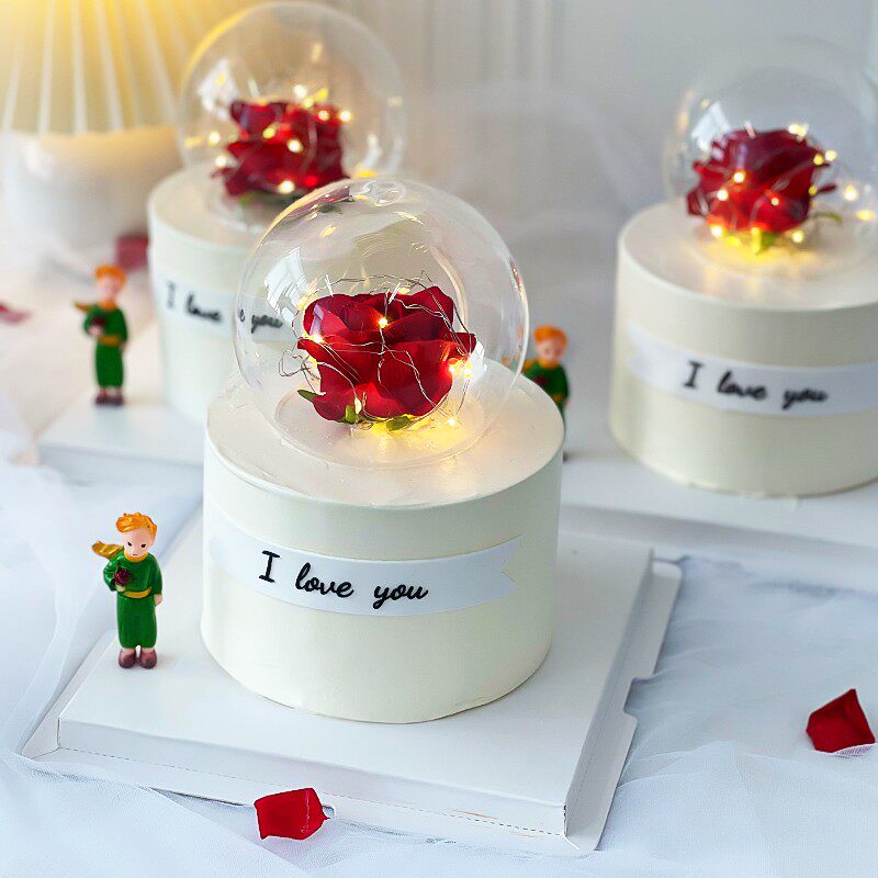 214情人节蛋糕装饰摆件拿花小王子玫瑰花插件发光灯串玻璃水晶球
