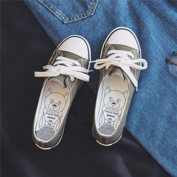 Bear shallow mouth canvas shoes for women Harajuku ulzzang Korean style students 2019 summer ແບບໃຫມ່ເກີບຜ້າເກີບ flat bottom ins trend