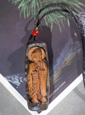 沉香木镶嵌雷击枣木大日如来吊坠背面雕刻六字箴言文玩挂饰挂件