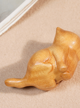 黄金檀木雕歪头坐猫小摆件桌面摆饰文玩木作小猫动物造型工艺品