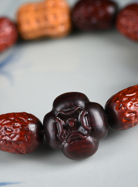 犀角紫檀手串手工红枣珠花生柿子喜事连连雕刻男女紫檀佛珠老料
