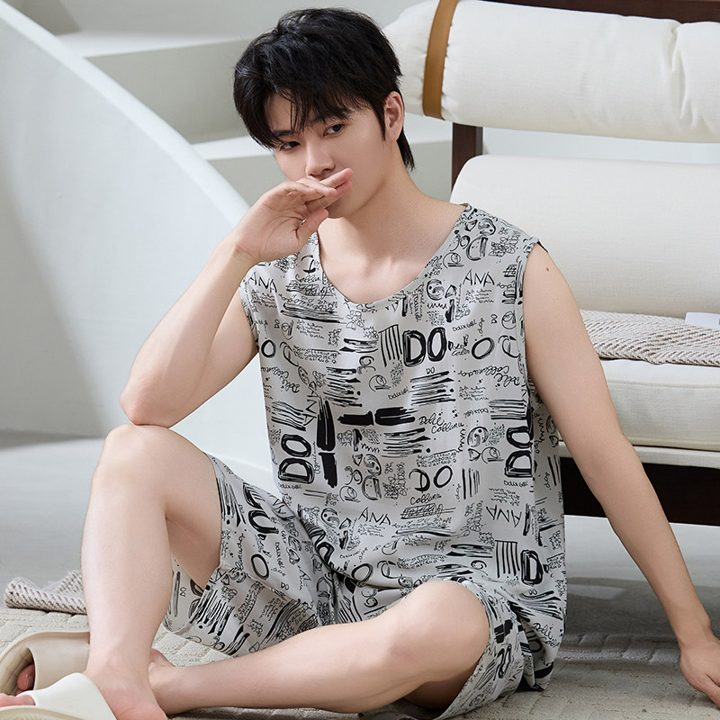男士棉绸套装夏季薄款无袖短裤家居服宽松大码人造棉睡衣男款外穿
