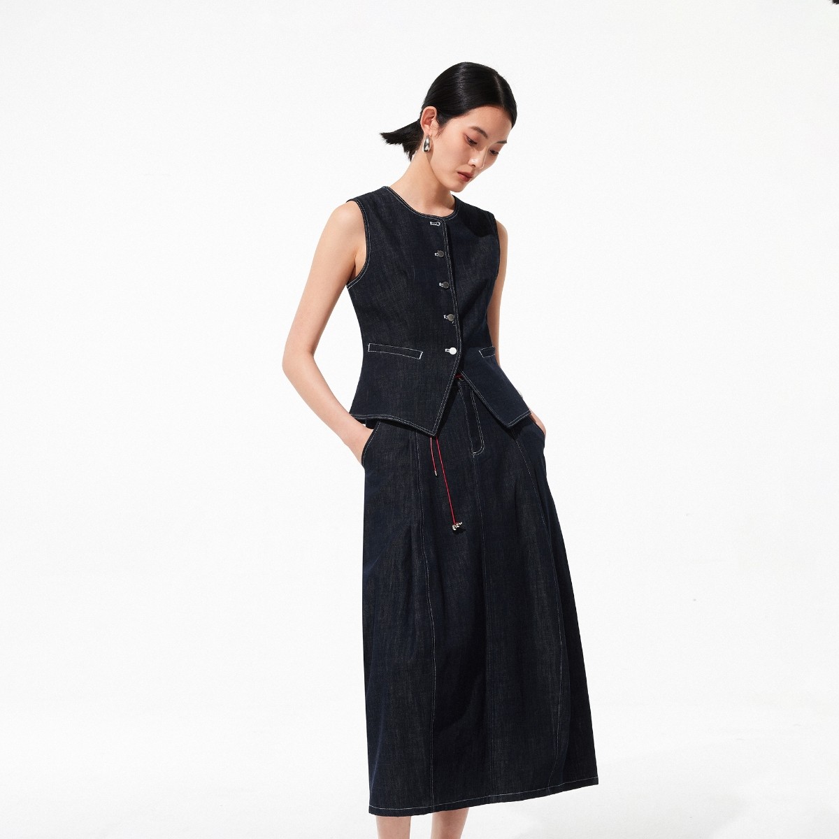 Vero Moda半身裙女2026春季新款纯棉红色腰绳撞色明线牛仔裙,淘宝优惠券,粉丝福利购,淘宝优惠卷