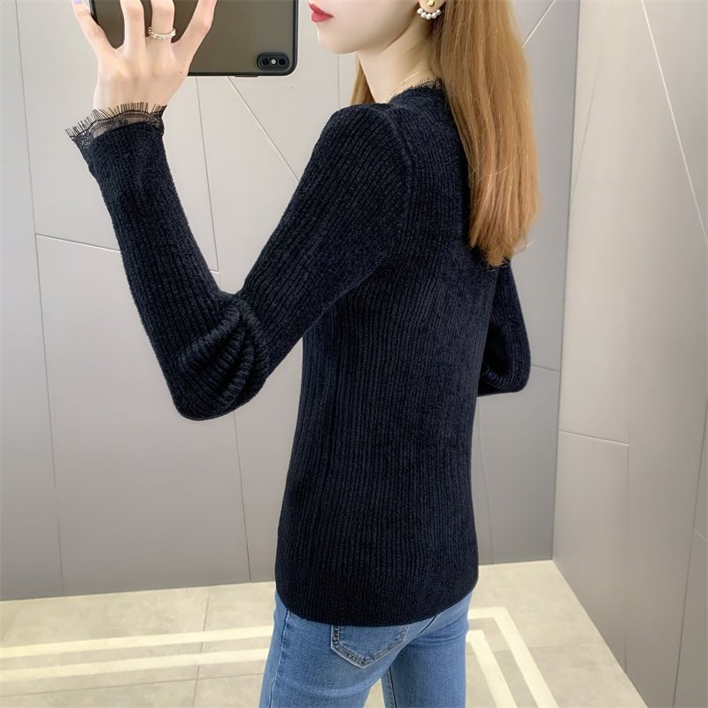 秋冬2021年新款v领拼接天鹅绒毛衣 流苏妮毛针织衫