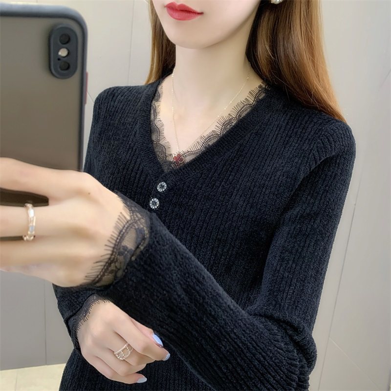 秋冬2021年新款v领拼接天鹅绒毛衣 流苏妮毛针织衫
