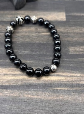 高版本925银时尚潮牌黑曜石十字架手链复古做旧朋克情侣明星同款