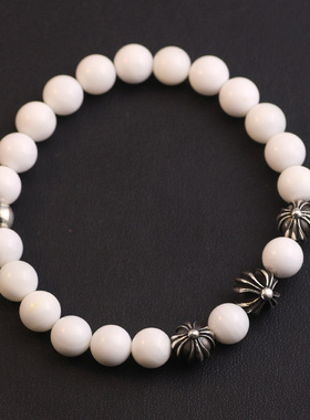 复古CH克罗芯手链S925纯银十字花手串天然黑曜石水晶潮流男女款