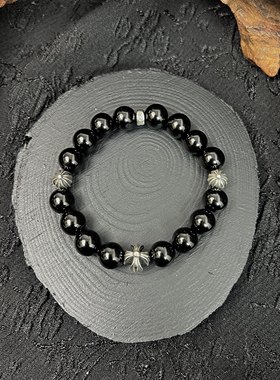 克罗手串10mm天然黑曜石红玛瑙925银四银珠男女同款手链