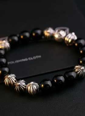 克罗实心925纯银8银珠字母珠10mm黑曜石手链潮流男女款情侣手环