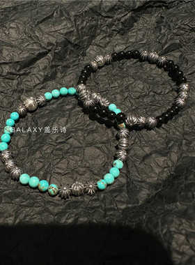 s925纯银4mm天然黑曜石绿松石多银珠十字花叠戴潮流男女手串手链