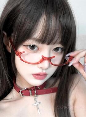 日系复古红色半框椭圆眼镜女甜酷y2k辣妹镜架学生二次元拍照镜框