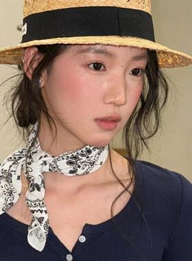 韩版ins白色腰果花丝巾棉麻高级感气质百搭小方巾夏季薄款领巾女