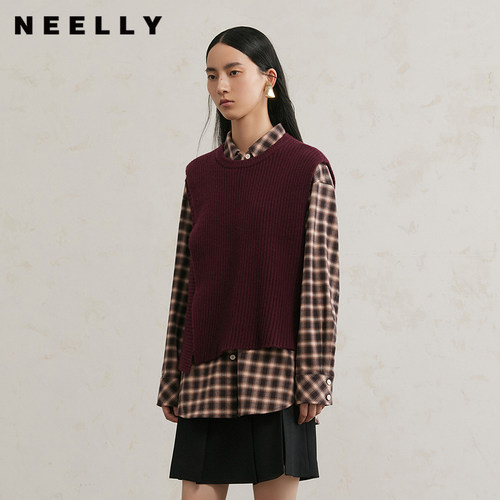 NEELLY纳俪商场同款冬季新款圆领开衩针织背心女简约休闲上衣 - 图0