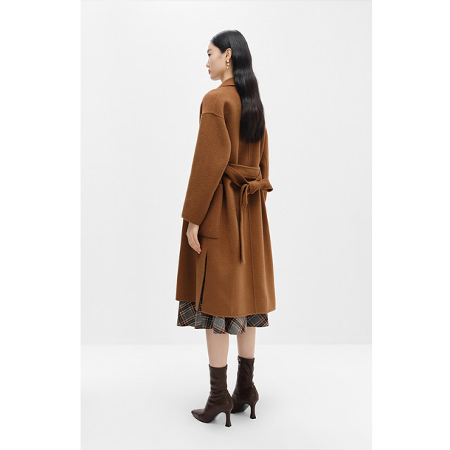 NEELLY shopping mall's same style one-button double-sided woolen coat for women with waist lace-up and temperament long woolen coat