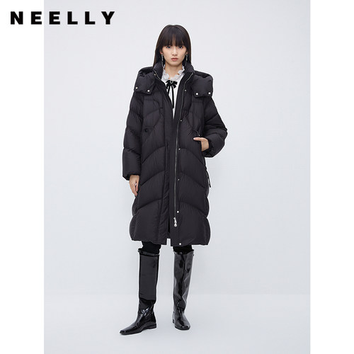 NEELLY纳俪商场同款茧型加厚羽绒服女冬季韩版连帽中长款过膝外套 - 图0