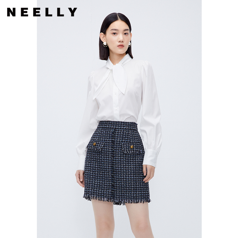 NEELLY纳俪商场同款设计感衬衫领口系带简约长袖小众别致通勤上衣 - 图1