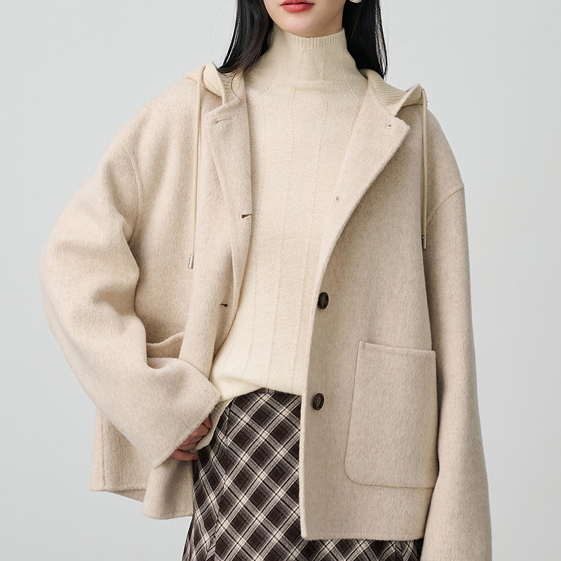 NEELLY纳俪商场同款冬新款连帽羊毛短款双面呢大衣女气质减龄外套 - 图2