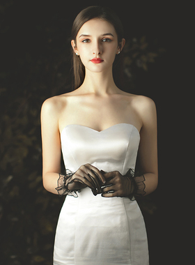 结婚新娘手套晚宴婚纱礼服手套夏季蕾丝防晒薄纱拍照复古黑色手纱