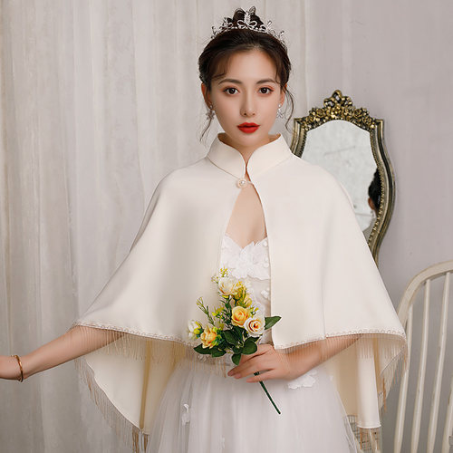 新娘婚纱披肩结婚礼服旗袍披风斗篷外搭酒红色敬酒服外套韩版高贵 - 图1