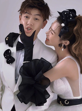 优雅黑色丝绒长手套双层荷叶边造型婚纱礼服手袖影楼结婚拍照生日