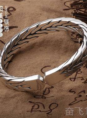 正品手工编织99九9银男女情编侣泰银手镯开口股织足缠绵麻花纯银