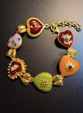 开花的橄榄 Vintage古着 Heart Charms彩色爱心手链