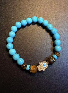 开花的橄榄 Vintage古着 Mystic  Beads恶魔之眼蓝色松石串珠手链