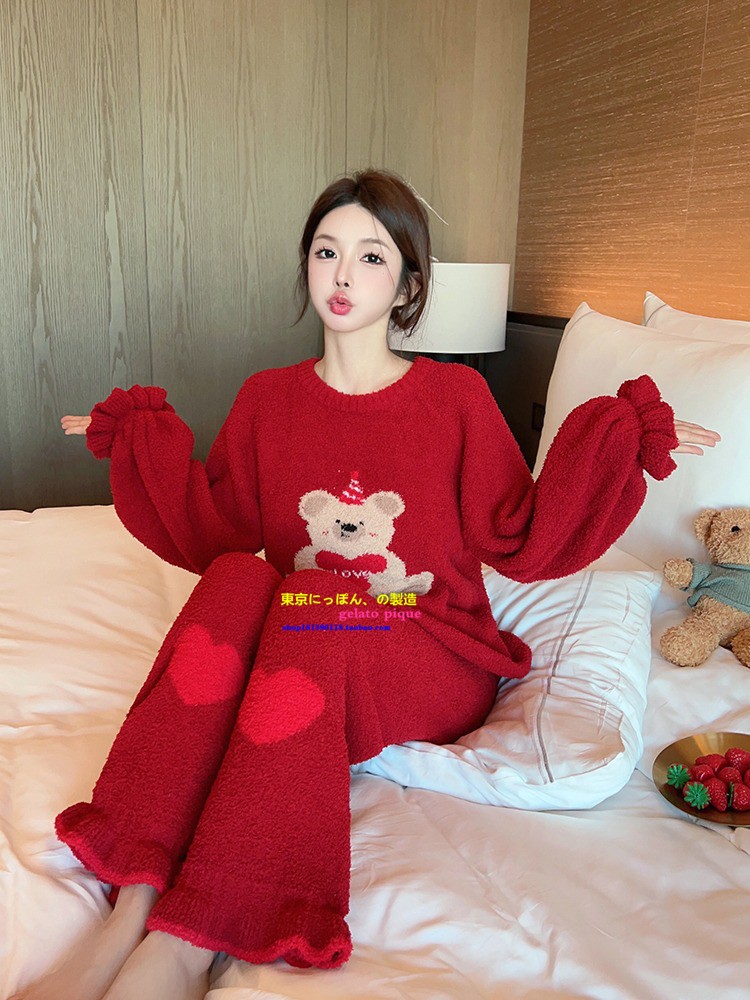 Home秋冬季软绵绵睡衣女士红色结婚可爱小熊珊瑚绒保暖家居服套装
